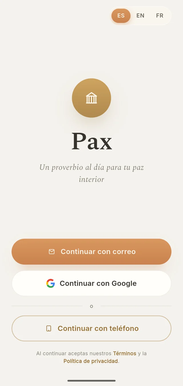 Pax — the app's welcome screen