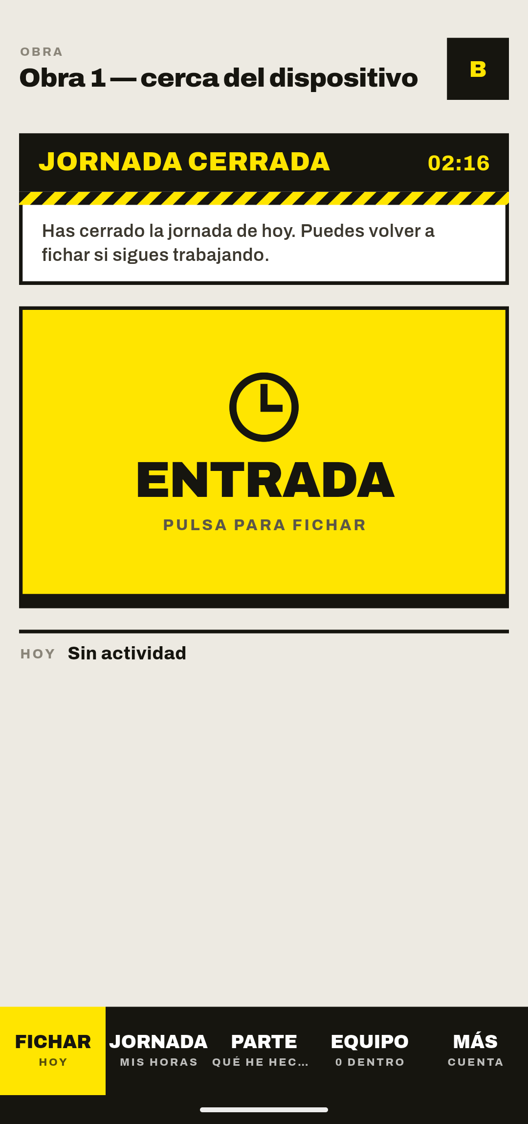 Tajo — pantalla de fichar