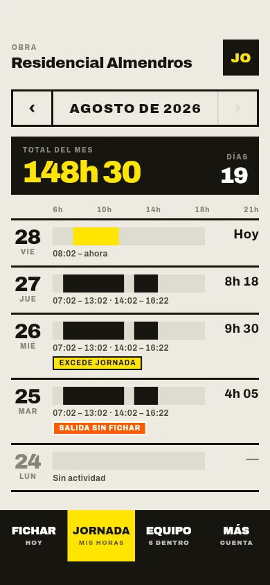 Tajo — My hours: monthly total and each day's shifts (Spanish interface)