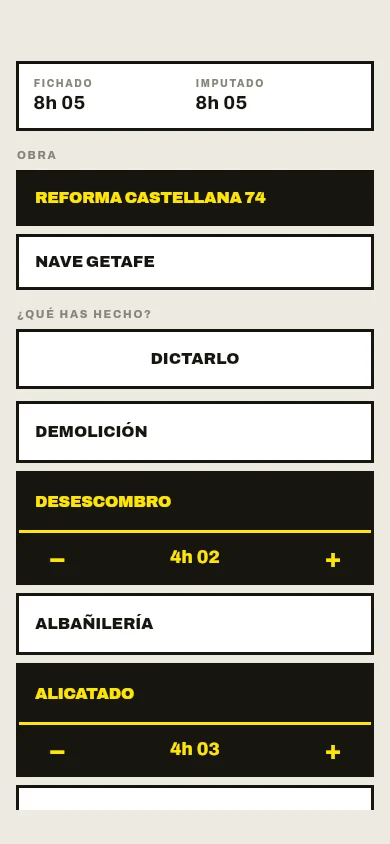 Tajo — site report with hours split by task (Spanish interface)